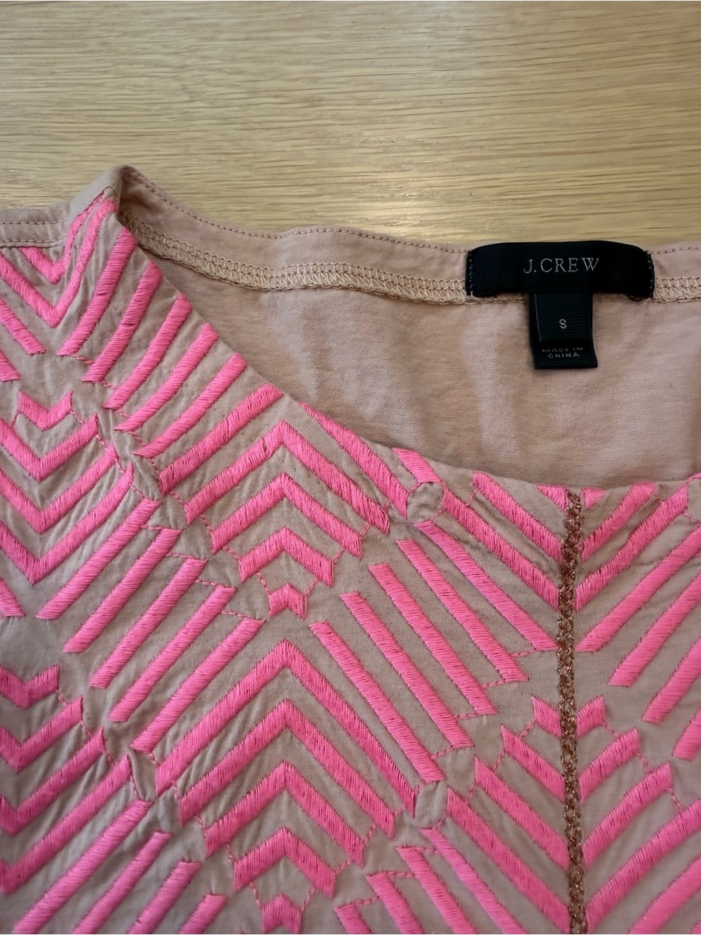 J. Crew Beige Top with Neon Pink Chevron Embroidery
